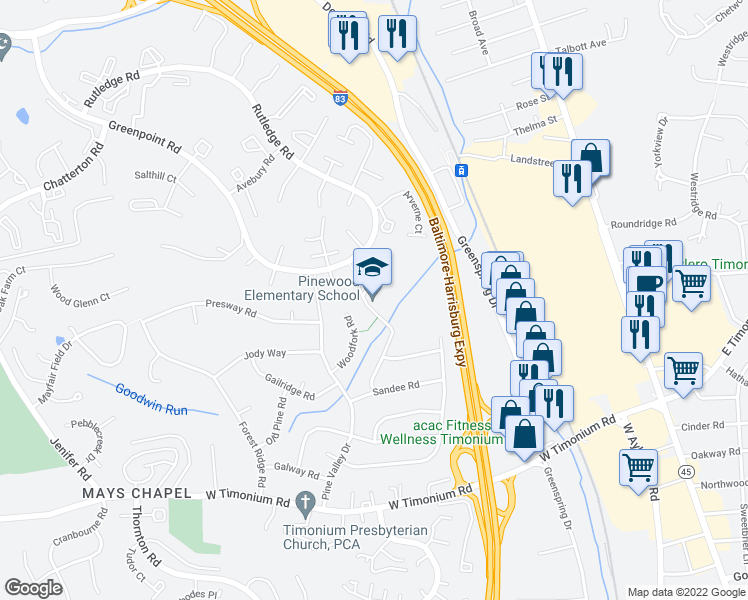 map of restaurants, bars, coffee shops, grocery stores, and more near 200 Rickswood Road in Lutherville-Timonium
