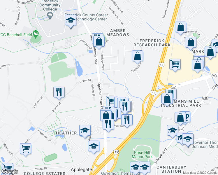 map of restaurants, bars, coffee shops, grocery stores, and more near 155 Fairfield Drive in Frederick