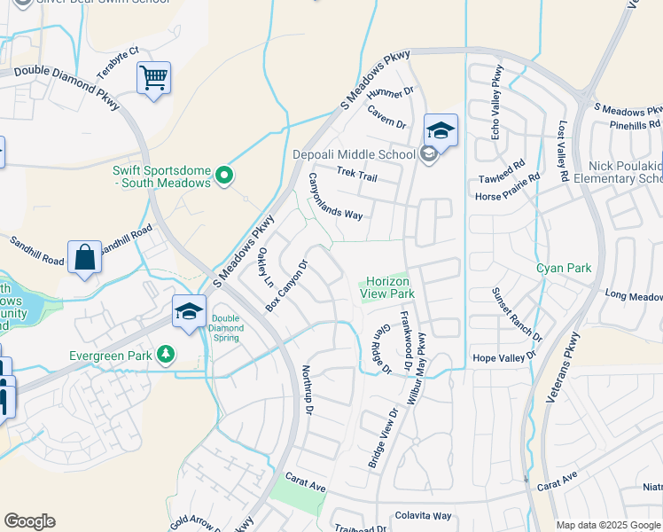 map of restaurants, bars, coffee shops, grocery stores, and more near 9675 Boulder Creek Lane in Reno