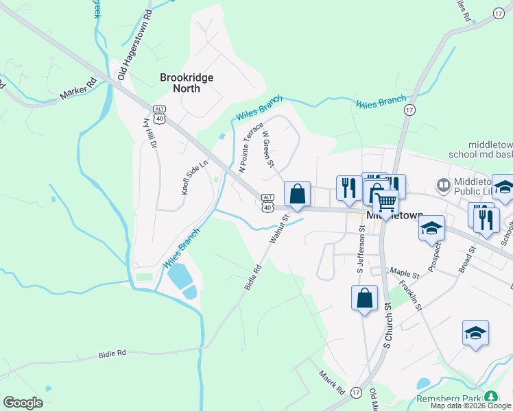 map of restaurants, bars, coffee shops, grocery stores, and more near Creamery Row in Middletown