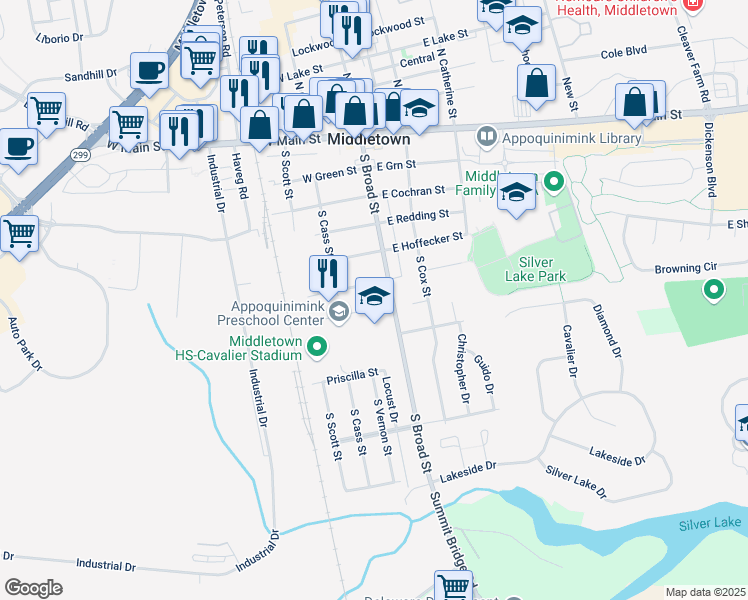 map of restaurants, bars, coffee shops, grocery stores, and more near 507 South Broad Street in Middletown