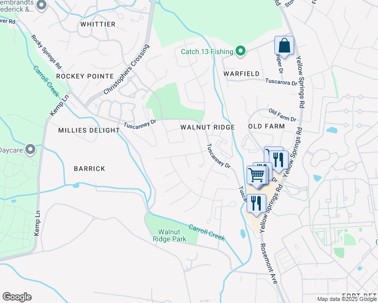 map of restaurants, bars, coffee shops, grocery stores, and more near 2102 Walnut Ridge Court in Frederick