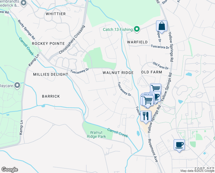 map of restaurants, bars, coffee shops, grocery stores, and more near 2102 Walnut Ridge Court in Frederick