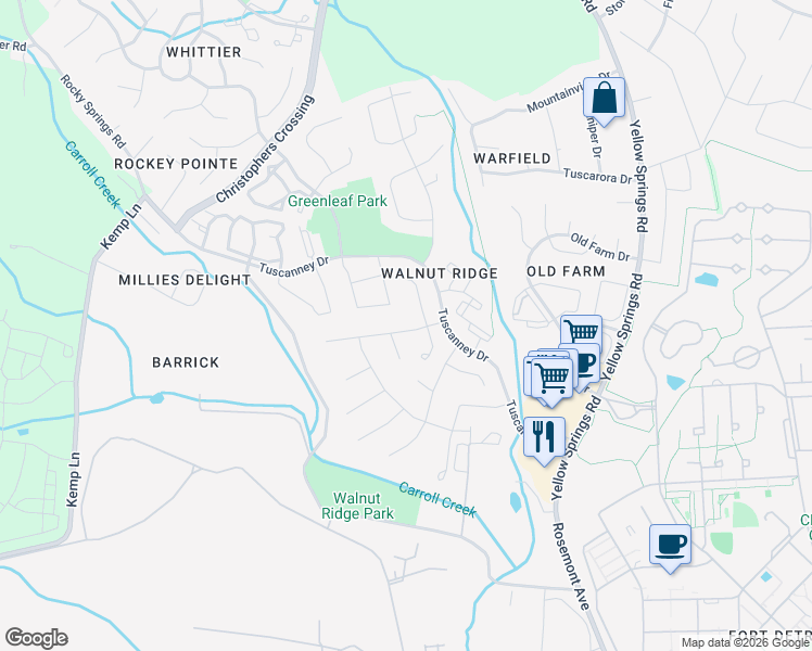 map of restaurants, bars, coffee shops, grocery stores, and more near 2100 Walnut Ridge Court in Frederick
