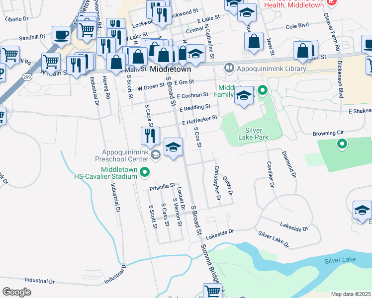 map of restaurants, bars, coffee shops, grocery stores, and more near 507 South Broad Street in Middletown
