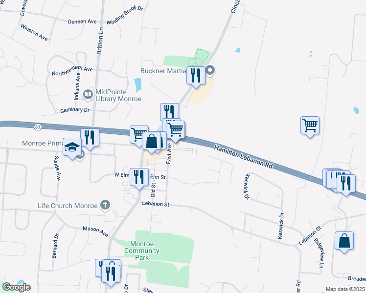 map of restaurants, bars, coffee shops, grocery stores, and more near 258 Courtland Drive in Monroe