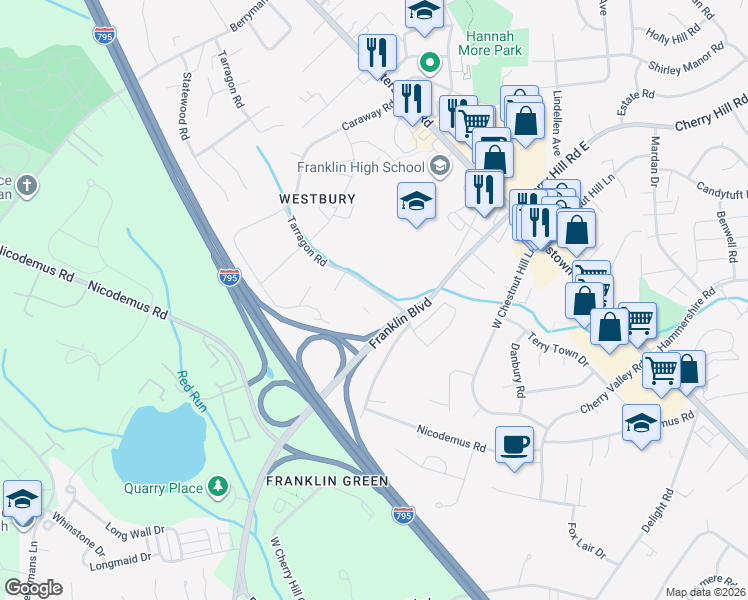 map of restaurants, bars, coffee shops, grocery stores, and more near 11902 Tarragon Road in Reisterstown