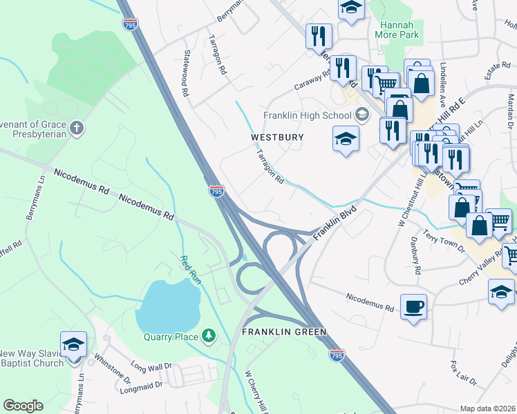 map of restaurants, bars, coffee shops, grocery stores, and more near 215 Caraway Road in Reisterstown