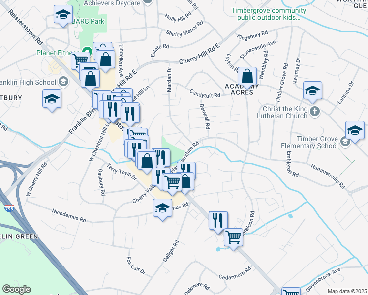 map of restaurants, bars, coffee shops, grocery stores, and more near 43 Deepspring Court in Reisterstown