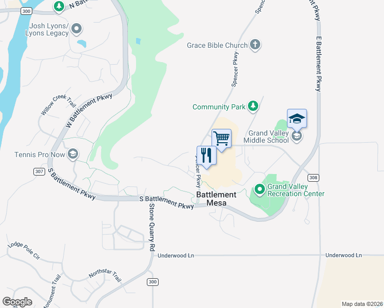 map of restaurants, bars, coffee shops, grocery stores, and more near 130 Talon Trace in Battlement Mesa