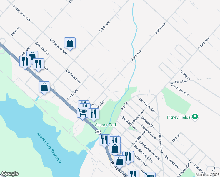 map of restaurants, bars, coffee shops, grocery stores, and more near 349 Harrison Avenue in Galloway