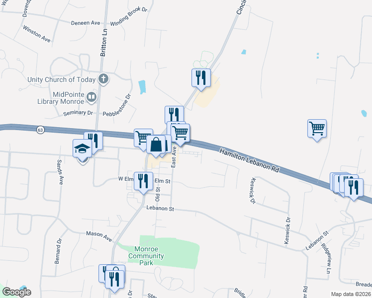 map of restaurants, bars, coffee shops, grocery stores, and more near 258 Courtland Drive in Monroe