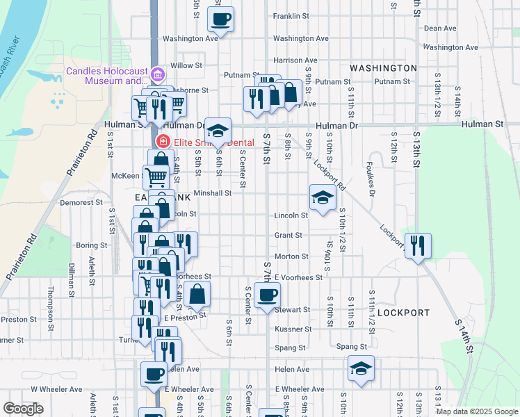 map of restaurants, bars, coffee shops, grocery stores, and more near 2100 South Center Street in Terre Haute