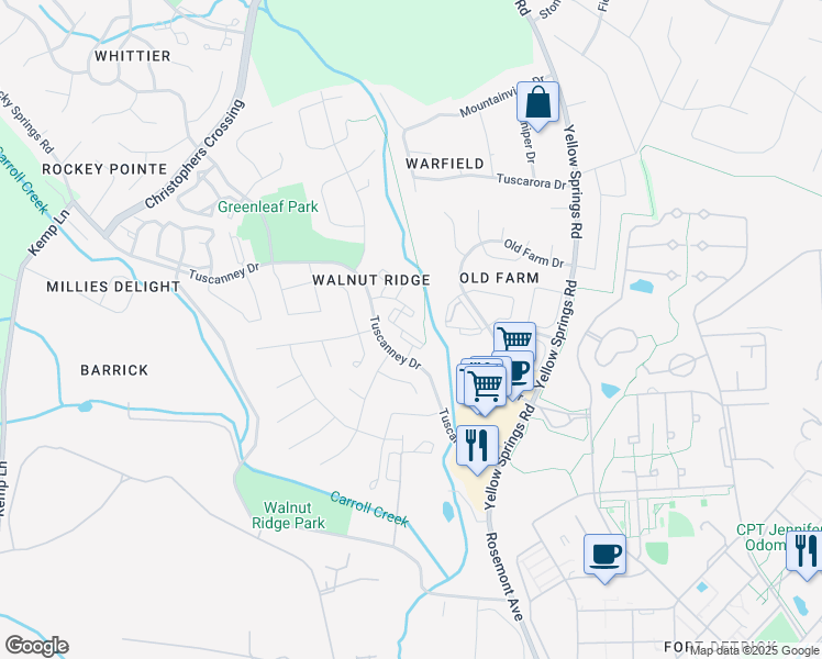 map of restaurants, bars, coffee shops, grocery stores, and more near 1803 Greenspring Place in Frederick