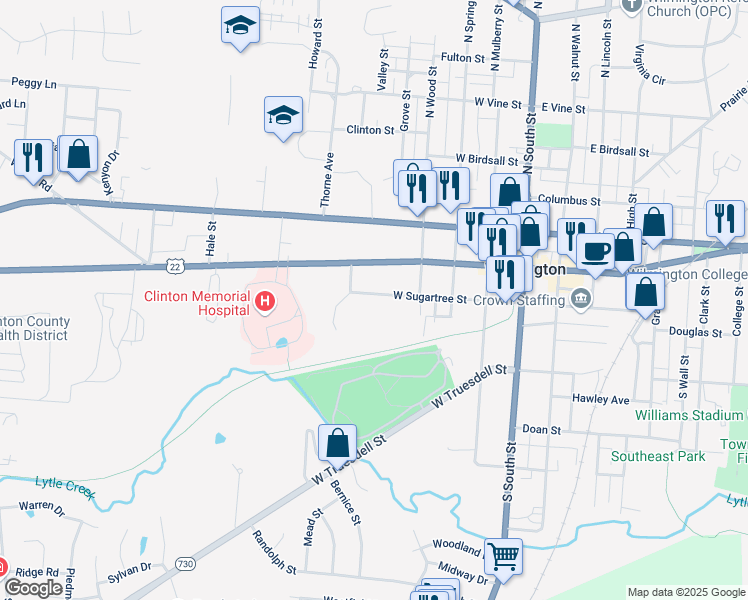 map of restaurants, bars, coffee shops, grocery stores, and more near 360 West Sugartree Street in Wilmington