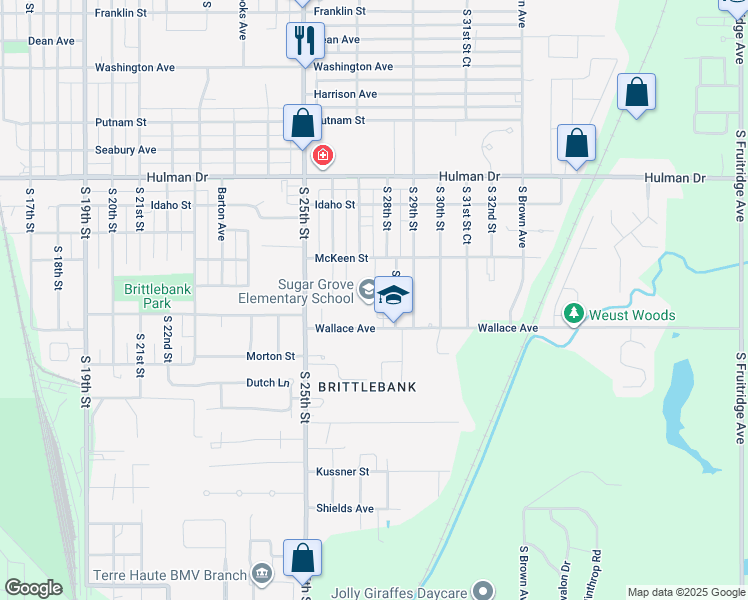 map of restaurants, bars, coffee shops, grocery stores, and more near 2800 Wallace Avenue in Terre Haute