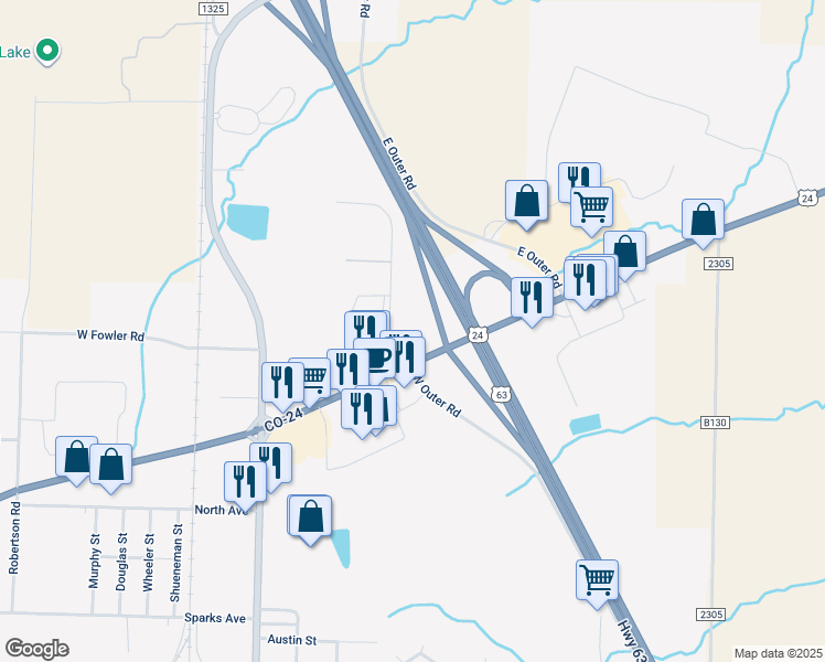 map of restaurants, bars, coffee shops, grocery stores, and more near 2040 Silva Lane in Moberly