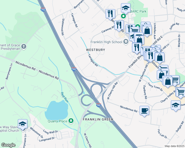 map of restaurants, bars, coffee shops, grocery stores, and more near 4 Sesame Court in Reisterstown