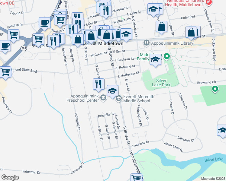 map of restaurants, bars, coffee shops, grocery stores, and more near 507 South Broad Street in Middletown