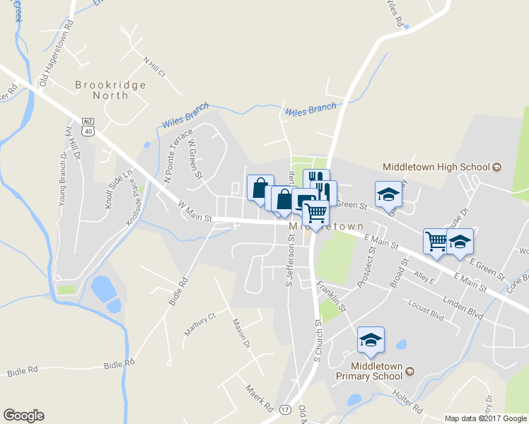 map of restaurants, bars, coffee shops, grocery stores, and more near 213 West Main Street in Middletown