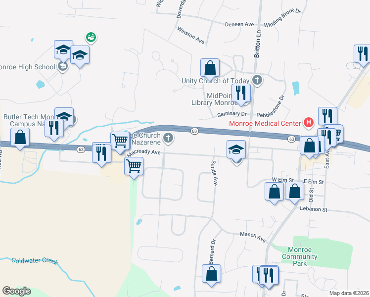 map of restaurants, bars, coffee shops, grocery stores, and more near 351 Macready Avenue in Monroe