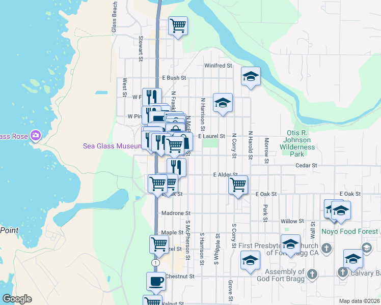 map of restaurants, bars, coffee shops, grocery stores, and more near 322 East Redwood Avenue in Fort Bragg