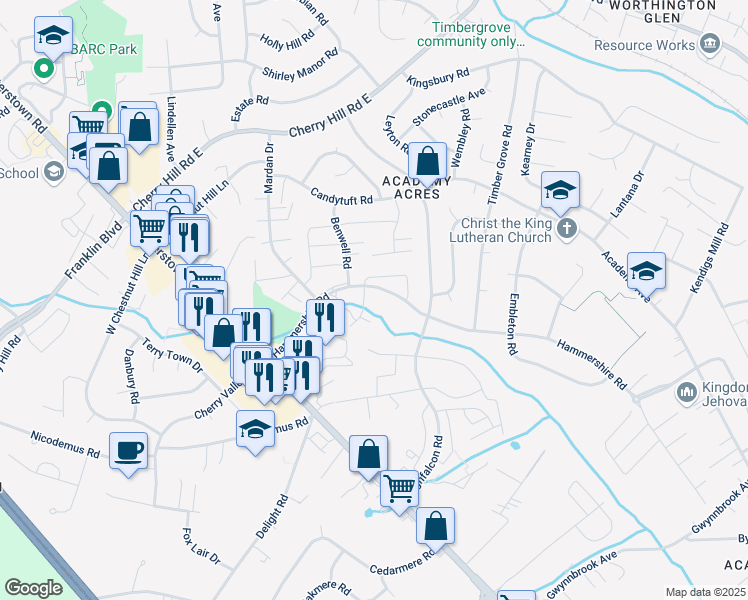 map of restaurants, bars, coffee shops, grocery stores, and more near 213 Hammershire Road in Reisterstown