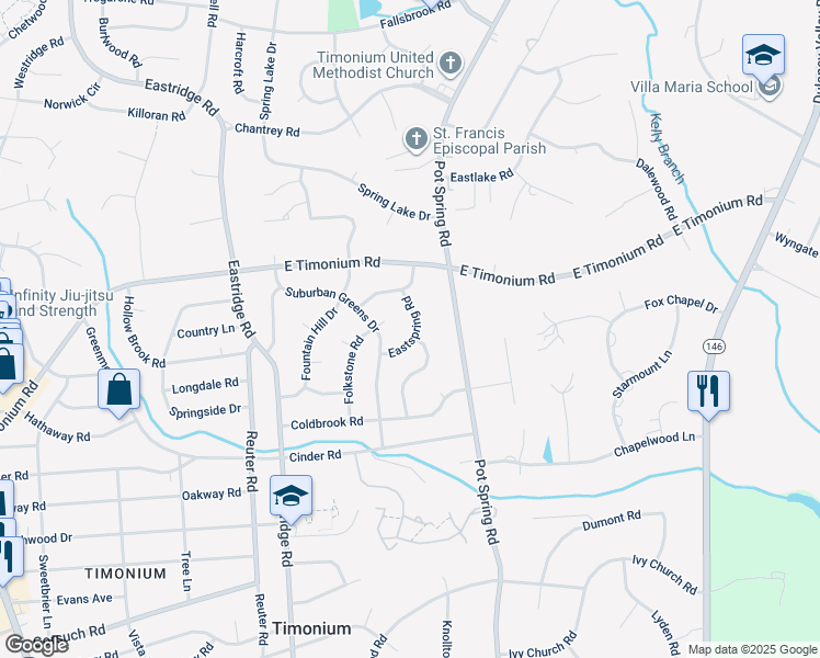 map of restaurants, bars, coffee shops, grocery stores, and more near 208 Eastspring Road in Lutherville-Timonium