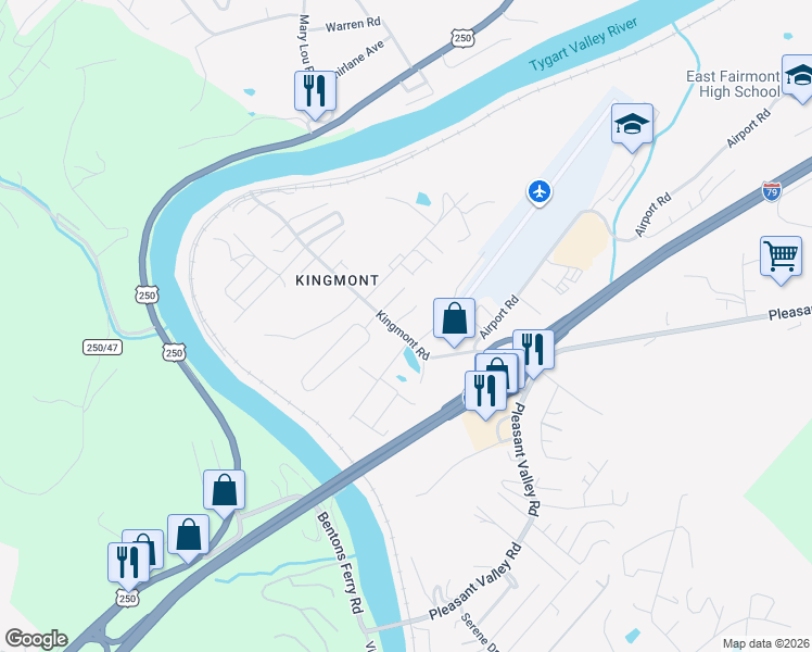 map of restaurants, bars, coffee shops, grocery stores, and more near 2283-2293 Kingmont Road in Pleasant Valley
