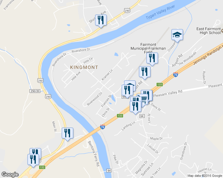 map of restaurants, bars, coffee shops, grocery stores, and more near 2283 Kingmont Road in Pleasant Valley