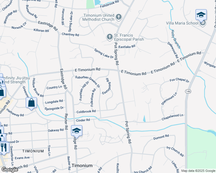 map of restaurants, bars, coffee shops, grocery stores, and more near 208 Eastspring Road in Lutherville-Timonium