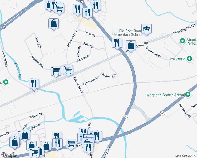 map of restaurants, bars, coffee shops, grocery stores, and more near 2317 Elderberry Drive in Edgewood