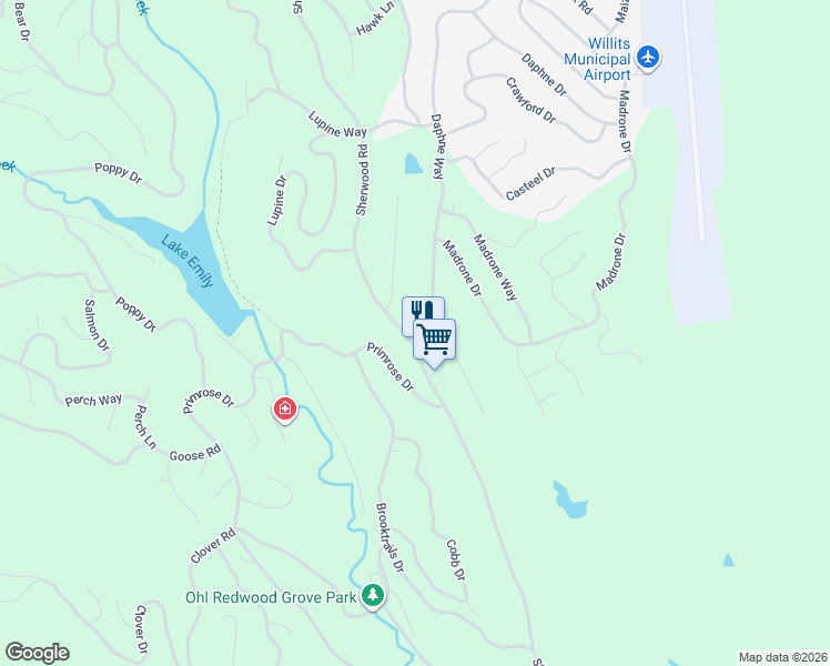 map of restaurants, bars, coffee shops, grocery stores, and more near 25287 Sherwood Road in Willits