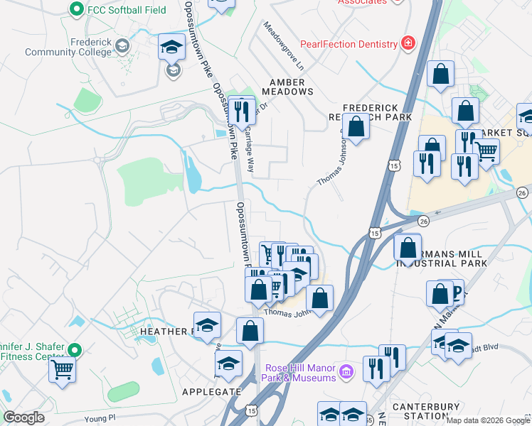 map of restaurants, bars, coffee shops, grocery stores, and more near 130 Fairfield Drive in Frederick