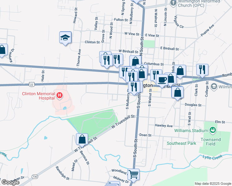map of restaurants, bars, coffee shops, grocery stores, and more near 119 South Spring Street in Wilmington