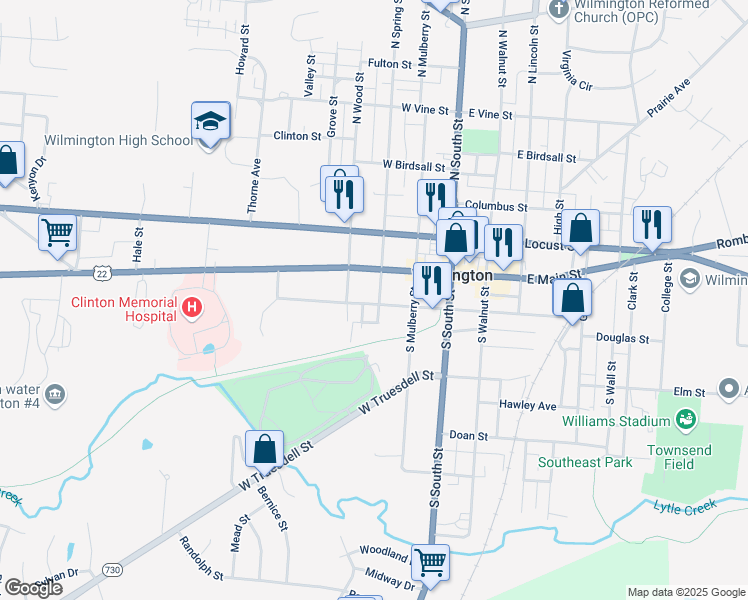 map of restaurants, bars, coffee shops, grocery stores, and more near 185 West Sugartree Street in Wilmington