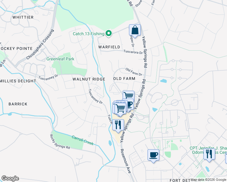 map of restaurants, bars, coffee shops, grocery stores, and more near 2157 Wainwright Court in Frederick
