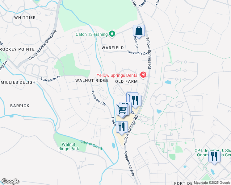 map of restaurants, bars, coffee shops, grocery stores, and more near 2153 Wainwright Court in Frederick