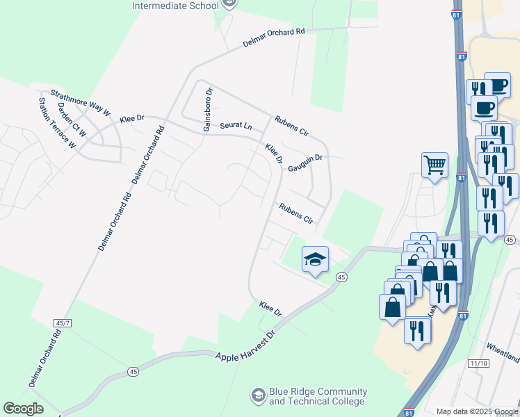 map of restaurants, bars, coffee shops, grocery stores, and more near 627 Fontana Circle in Martinsburg