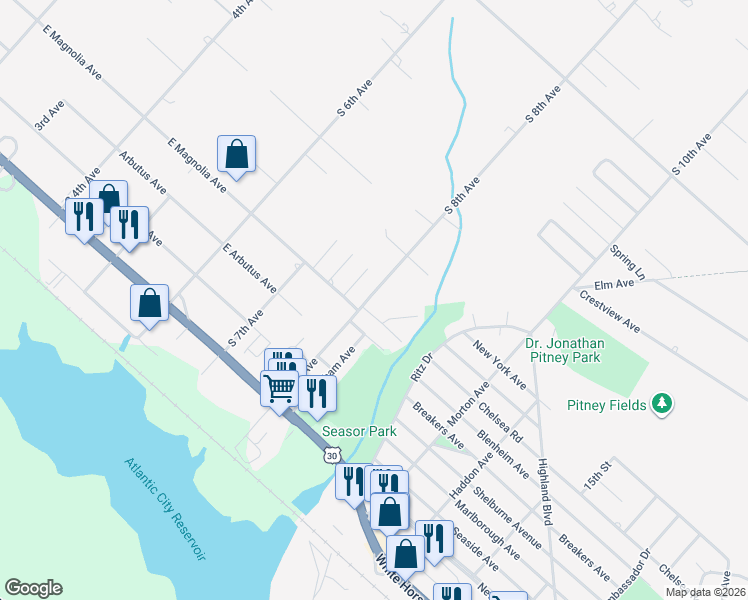 map of restaurants, bars, coffee shops, grocery stores, and more near 349 Harrison Avenue in Galloway