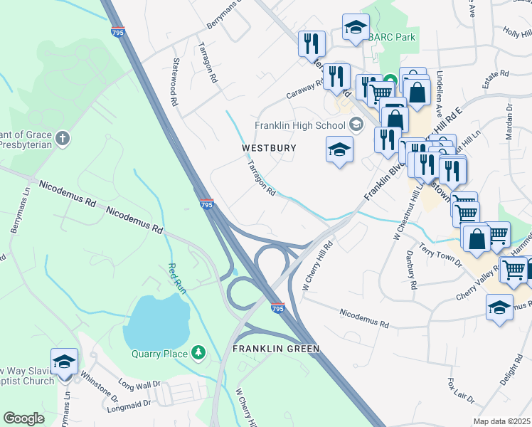 map of restaurants, bars, coffee shops, grocery stores, and more near 3 Sesame Court in Reisterstown