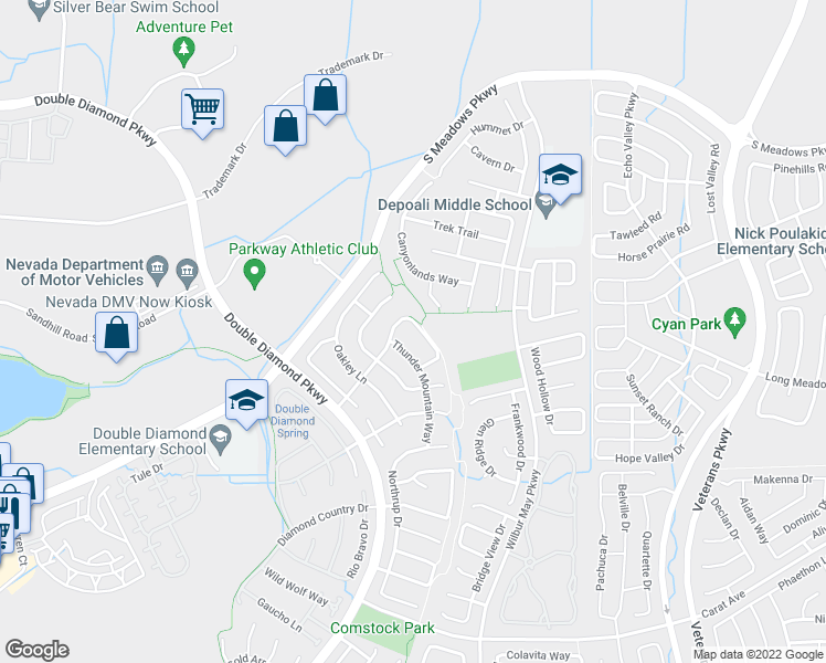 map of restaurants, bars, coffee shops, grocery stores, and more near 9645 Boulder Creek Lane in Reno