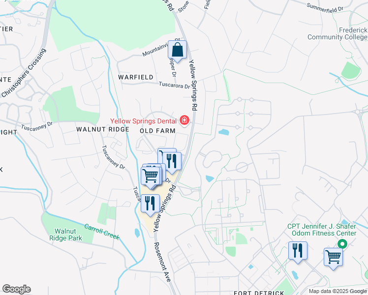 map of restaurants, bars, coffee shops, grocery stores, and more near 2155 Bristol Drive in Frederick