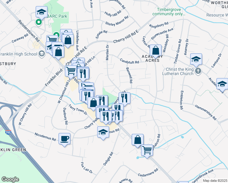 map of restaurants, bars, coffee shops, grocery stores, and more near 30 Deepspring Court in Reisterstown