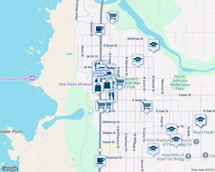 map of restaurants, bars, coffee shops, grocery stores, and more near 250 North Main Street in Fort Bragg