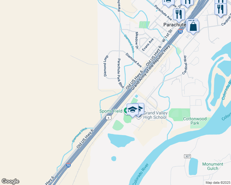 map of restaurants, bars, coffee shops, grocery stores, and more near 8495 Highway 6 And 24 in Parachute