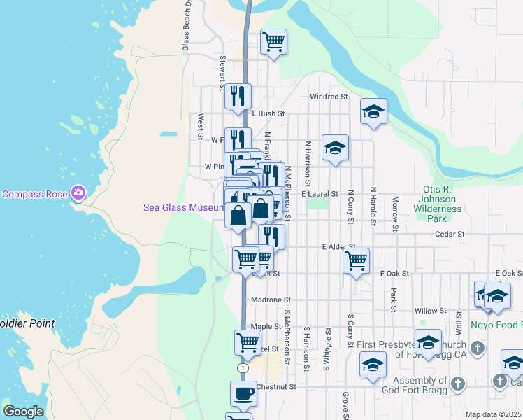 map of restaurants, bars, coffee shops, grocery stores, and more near 321 North Franklin Street in Fort Bragg