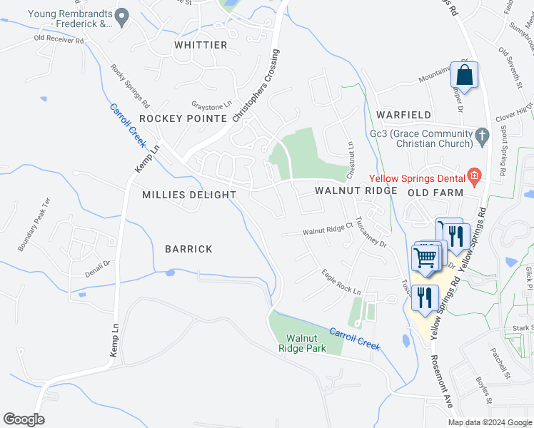 map of restaurants, bars, coffee shops, grocery stores, and more near 2584 Emerson Drive in Frederick