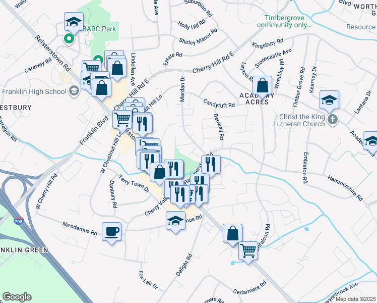 map of restaurants, bars, coffee shops, grocery stores, and more near 30 Deepspring Court in Reisterstown
