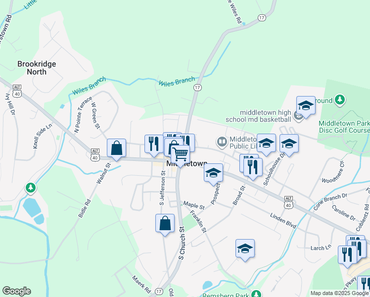 map of restaurants, bars, coffee shops, grocery stores, and more near 102 East Green Street in Middletown